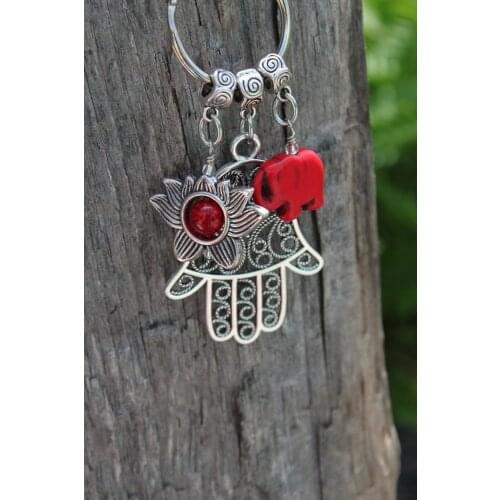 Red Elephant Hamsa Hand & Lotus Flower Keychain | Elephant Keychain | Hamsa Hand Keychain