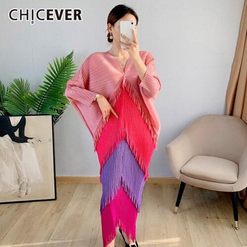 CHICEVER Patchwork Irregular Fringe Hem Dress For Women V Neck Batwing Sleeve High Waist Midi Dresses Female Clothing 2021 Style