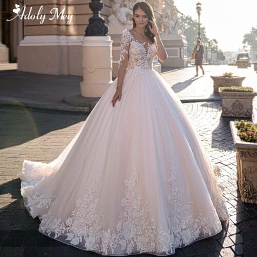 Adoly Mey Elegant Scoop Neck Long Sleeve Ball Gown Wedding Dress 2021 Luxury Beading Appliques Court Train Princess Bridal Gown