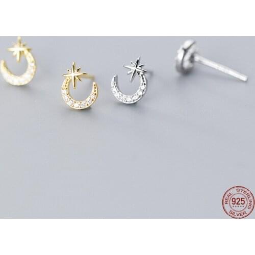 LKO 925 Sterling Silver Shining Zircon Moon Star Stud Earrings For Elegant Women Party Fine Jewelry Earrings Accessories