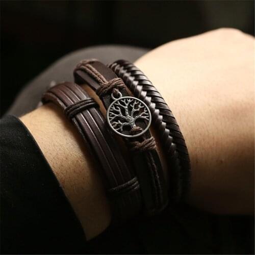 New Arrival 3 Pcs/set Khaki Black Brown Genuine Leather Men Bracelets For Women Guitar Cross Tree Charm Homme Casual Jewelry