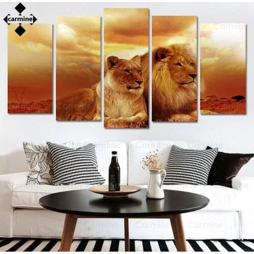 Hunting Lion Split Wall Art Poster 5 Pieces Sunset Painting Animal Picture Print At Bedroom Living Room Home Decor Without Frame