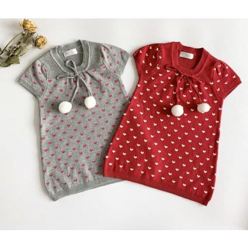 Newborn Toddler Baby Kids Clothes Short Sleeve Love Heart Print Sweater Dress Warm Autumn Kids Girl Party Wear with Bow Pompom