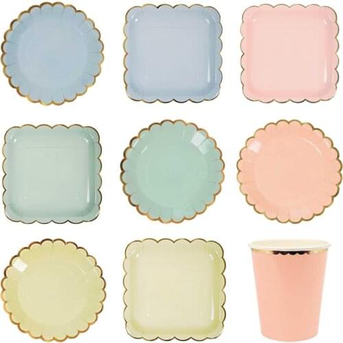 Disposable Party Pink Yellow Blue Green Paper Plate Cup Napkin Birthday Wedding Party Decor Bronzing Square Plate Supplies