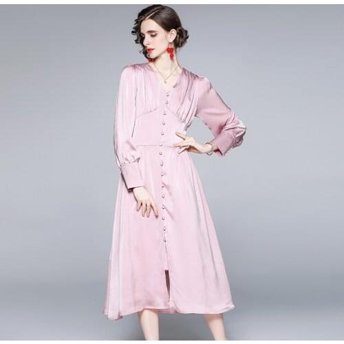 Autumn Ladies Silky Satin Long Lantern Sleeve Dress Women Elegant V Neck Buttons Solid Midi Evening Party Pink Vestidos k6049
