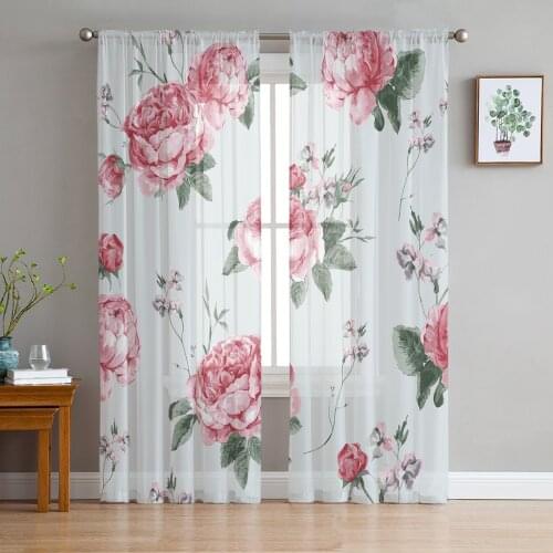 Modern Sheer Curtains Flower Watercolor Pink Living Room Kitchen Childrens Room Decoration Household Chiffon Window Curtains