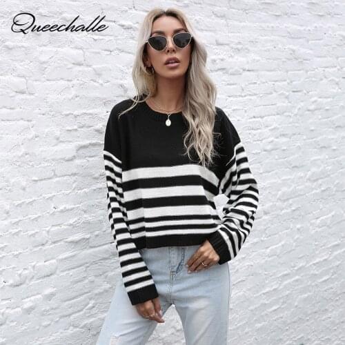 Black Striped Knitted Sweater Autumn Womens O neck Drop-shoulder Sleeve Casual Pullover Female Long Sleeve Knit Jumper Tops