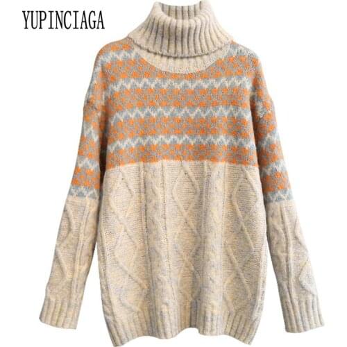 YUPINCIAGA Winter Thick Warm Sweater Women pop stitching turtleneck pullover sweater Printed Jacquard Pullovers Sweaters Knit