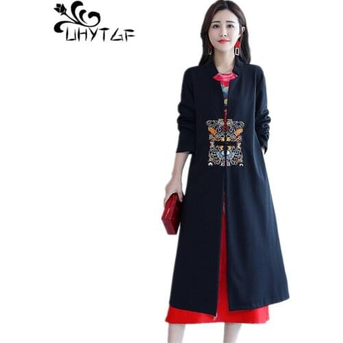UHYTGF Women Classic Solid Long Trench Coat 2019 Plus size Loose Female Trench Coats Spring autumn Chinese style Open Stitch 295