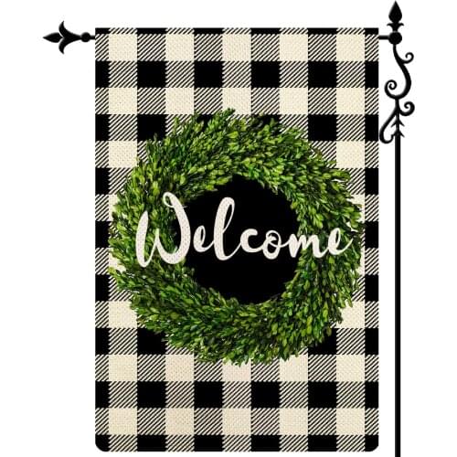 Welcome Garden Flag Boxwood Wreath Double Sided Black White Buffalo Plaid Decorative Flag For Outdoor Yard Lawn Home Decor