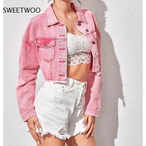 2021 Spring and Autumn New Pink Denim Jacket Women Casual Short Single-Breasted Lapel Denim Jacket