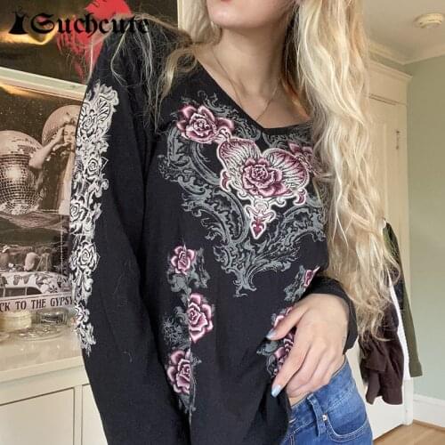 SUCHCUTE Gothic Floral Print Women T shirts Long Sleeve Harajuku Y2K Tops Female Tee Shirts Vintage Black Top Streetwear Autumn