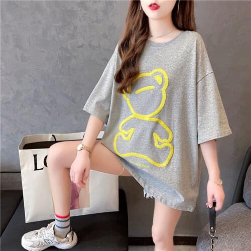 Bear Short-sleeved T-shirt Female 2021 Summer New Korean Version Loose Towel Embroidered Mid-length Half-sleeved Top