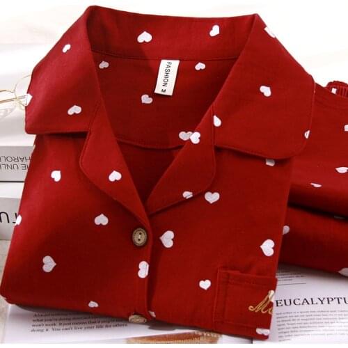 Womens Pajama Set Winter Red Pijamas Pour Femme 100% Cotton Pyjamas Sleepwear 2pcs Loungewear Heart-shape Print Home Clothes