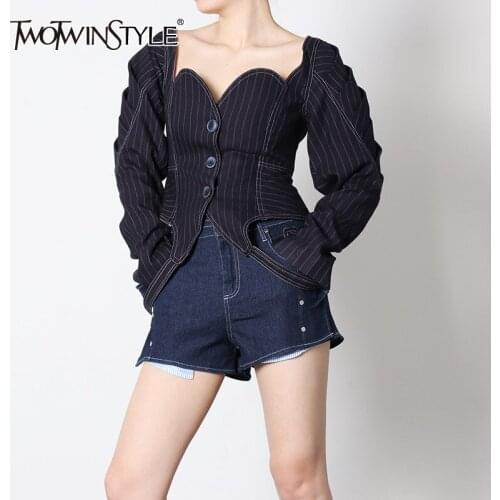 TWOTWINSTYLE Elegant Denim Striped Women Coats Square Collar Puff Long Sleeve Lace Up Irregulae Hem Slim Jackets Female Fashion