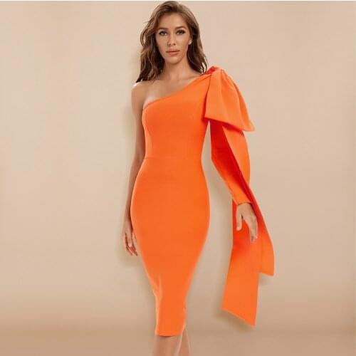 Bodycon Bandage Women Dress 2021 Sexy One Shoulder Long Sleeve Orange Black Blue Bow-Knot Wedding Evening Party Dresses Vestido