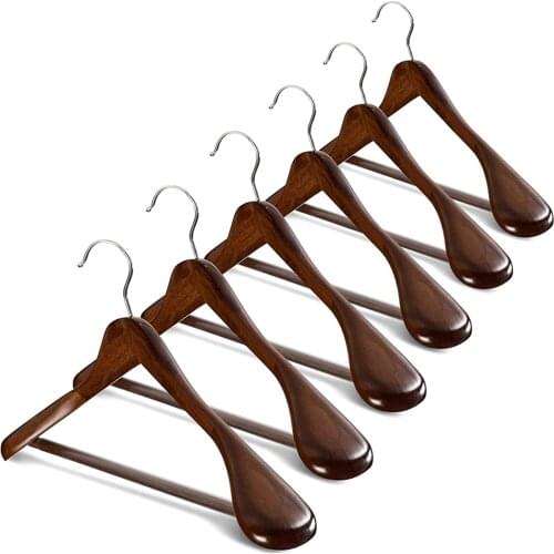 6 Pcs Wide Shoulder Wooden Hangers with Non Slip Pants Bar for Coat Clothes Dress Suit HFing