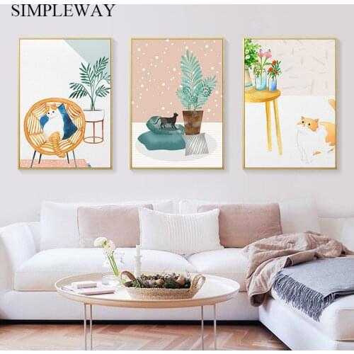 Watercolor Cat Illustration Art Poster Canvas Wall Nursery Print Minimalist Abstract Painting Modern Nordic Decoration Picture