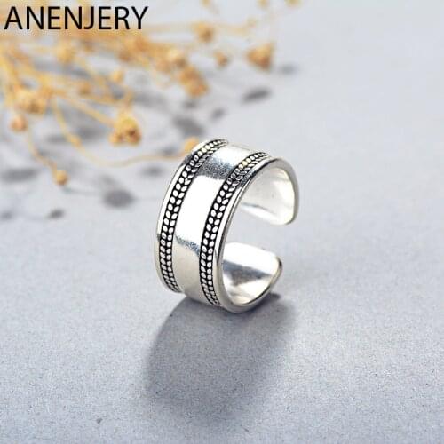 ANENJERY 925 Sterling Silver Vintage Ring Simple Width Thai Silver Adjustable Rings For Women Men S-R411