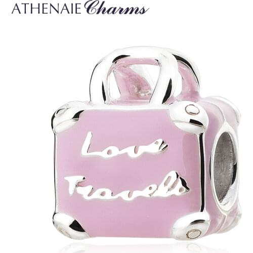 ATHENAIE 925 Sterling Silver Pink Enamel Love Travel Bag Charms Beads for Charm Bracelet Jewelry Making