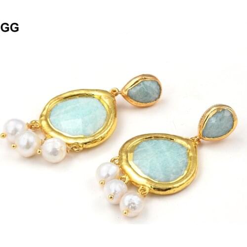 GG Jewelry Natural Green Amazonites Cultured White Keshi Pearl Dangle Earrings For Women Lady Jewelry
