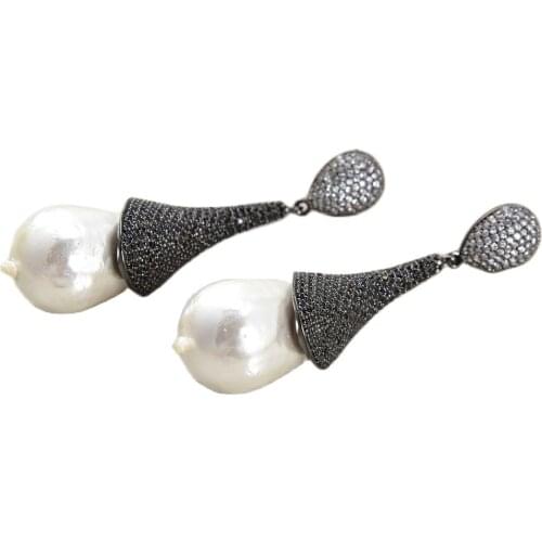GG Jewelry 16x25MM White Sea Shell Pearl Black CZ Pave Gunmetal Earrings