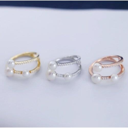 SLJELY Fashion Real 925 Sterling Silver 3 Natural Pearls Line Finger Ring Micro Zirconia Stones Women Brand Fine Party Jewelry