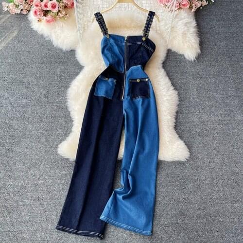 Amolapha Womens Casual Denim Overalls Rompers 2021 Summer Sleeveless Loose Patchwork Color Pockets Jeans Jumpsuits