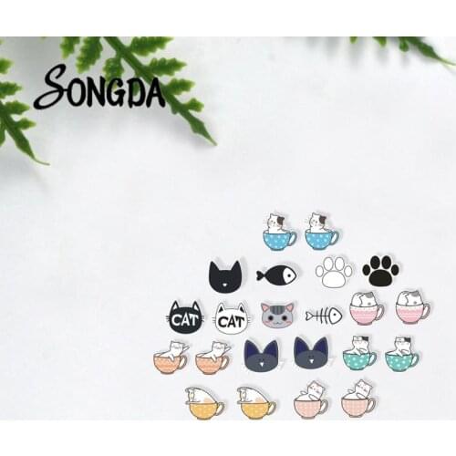 Korea Cartoon Teacup Cat Acrylic Stud Earrings Cute Sweet Accessories Exquisite Small Epoxy Shrink Dinks Earring Fashion Jewelry