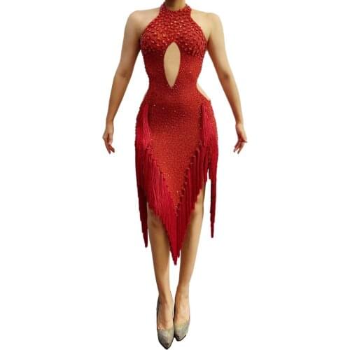 Latin Dance Dresses Red evening dress sexy party girl sparkly Rhinestone Costume Female Professional Competition Costumes