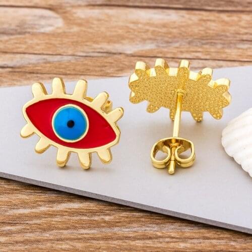 Fashion Rainbow Stud Earrings Gold Color Evil Eye Shape Korean Earrings Copper CZ Charms Jewelry Gift For Female Girls