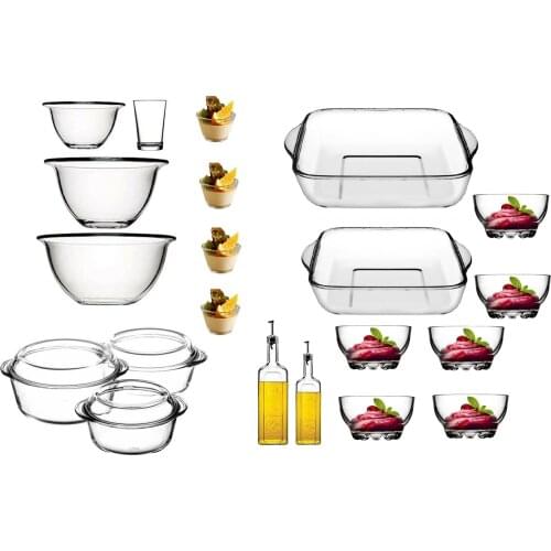 24 PCS fabulous glass kitchen set trays ,cookwares. , bowels, deep bowels