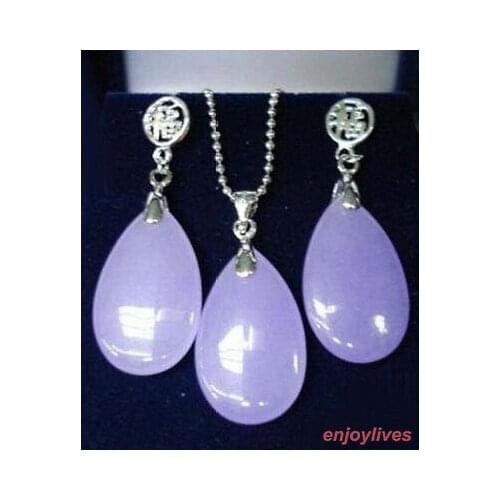 New Style Hot salePurple Lavender jade Fortune Pendant Necklace Earrings Set Fashion Wedding Party Jewellery