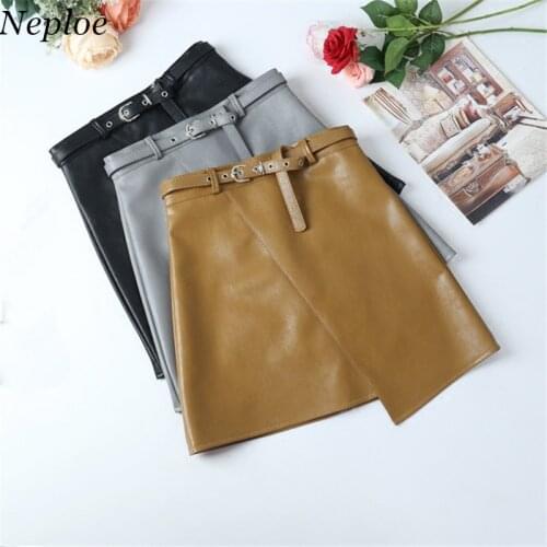 Neploe Autumn Winter New Female PU Small Skirt With Belt Irregular High Waist Korean A Line Short Skirt Fashion Wild Skirt 66146