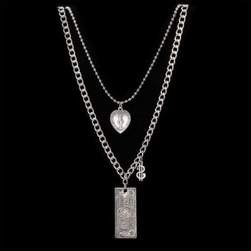Unisex Necklace With Double Hip Hop Banknote Heart Pendant For 2021 New Trendy Fashion Jewelry Choker With Silver Color Chain