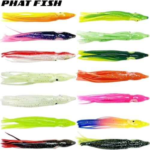 PHAT FISH 50Pcs Rubber Skirts 80mm 1.5g Glitters Color Octopus Saltwater Jigging Baits Soft Plastic Squid Jig Fishing Lures