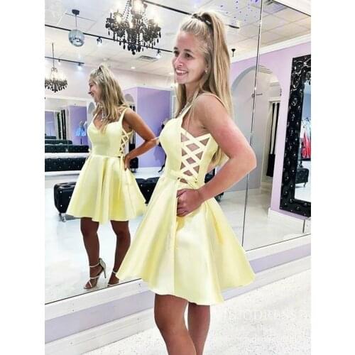 Sexy Short Satin V-Neck Homecoming Dresses with Pockets Zipper Back Knee Length Yellow Abendkleid Robes de Soirée for Women