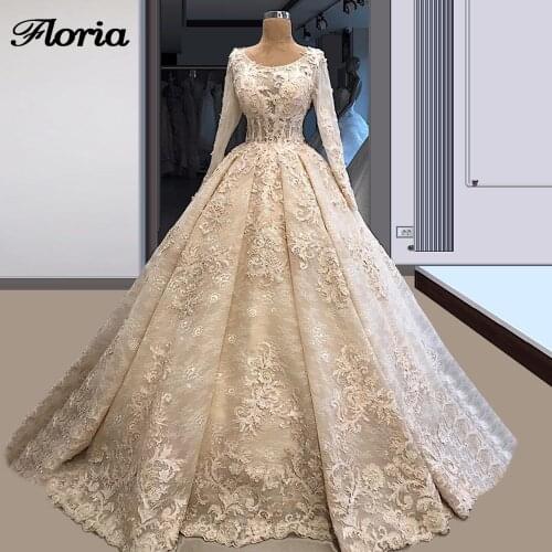 Royal Train Champagne Wedding Dresses 2020 Vestido De Noiva Long Sleeves Wedding Dress Robe De Mariee Mariage Puffy Bride Dress