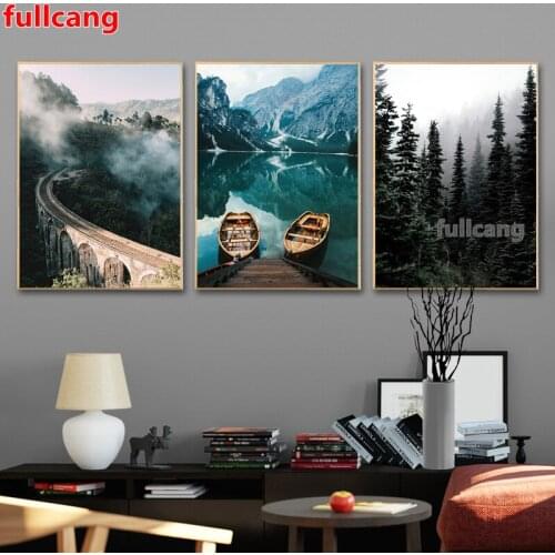 Misty Forest Lake Boat Geometric Abstract Nature Landscape Diy Diamond Painting 5D Triptych Full Diamond Embroidery Sale JX1253