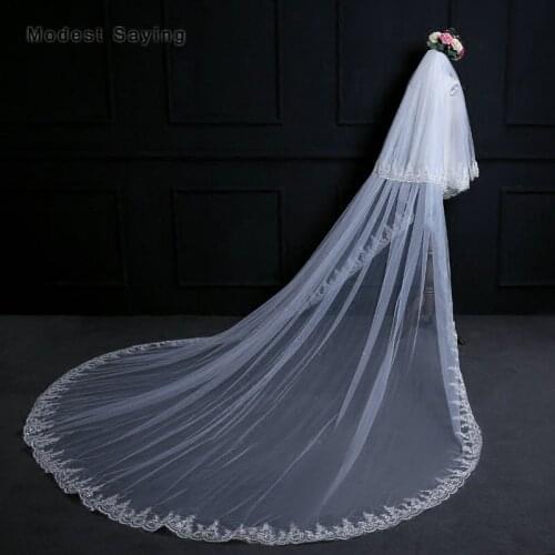 High Quality Simple Ivory 3M Sequined Lace Wedding Veils with Comb Church Cathedral Bridal Veils 2018 abiti da cerimonia da sera