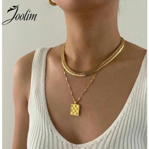 Joolim Jewelry PVD Gold Finish Symple Retro Checkerboard Pendant Necklace Stylish Stainless Steel Necklace