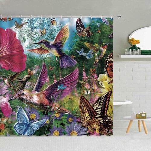 Flower Bird Shower Curtain Butterfly Green Plant Peacocks Chicken Bathroom Decor Accessories Waterproof Fabric Hooks Curtains