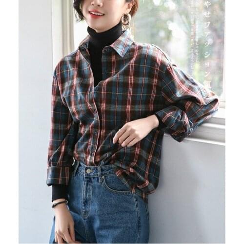 Ladies Plaid Shirt Simple Versatile Temperament Commuter Shirt Girls Slim Long-sleeved Cottont Blouse Vintage Button Up Shirt