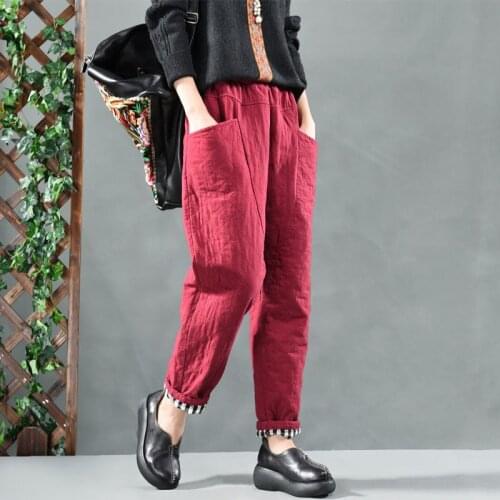Autumn Winter New Arts Style Women Elastic Waist Loose Cotton Linen Harem Pants quilted Cotton Big pocket Vintage Pants S404