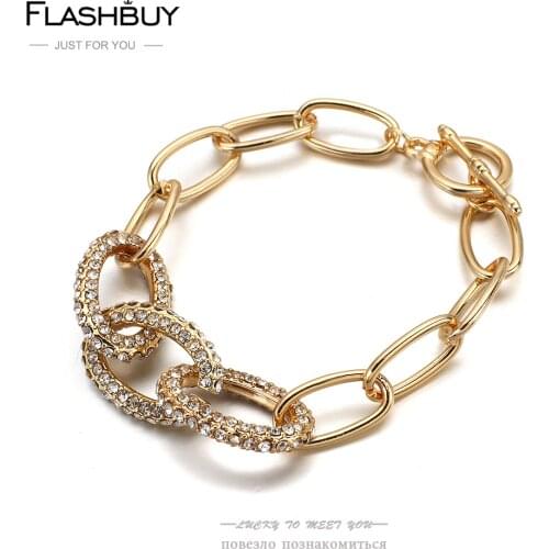 Flashbuy New Fashion Big Rhinestone Thick Chain Charm Bracelets 2021 Gold Color Bracelet for Women Chunky Minimalist Jewelry
