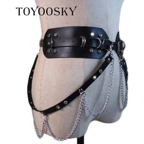 Brand Gothic Punk Leather Belt for Women Rock Hip hop with Ring Chain Rhinestone Waist Belts Cool Ins luxury women belt TOYOOSKY