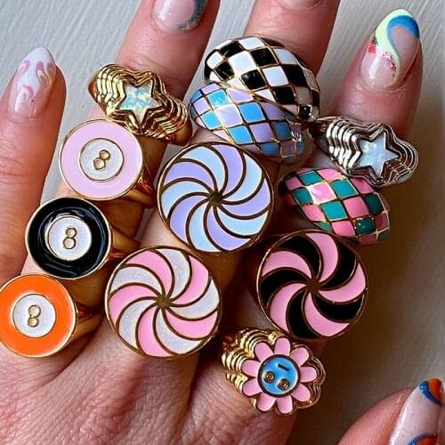 INS HOT Alloy Oil Drop Summer Day Pinwheel Girl Rings Glitter Jelly Enamel Ring For Women Girl 2021 Trend Holiday
