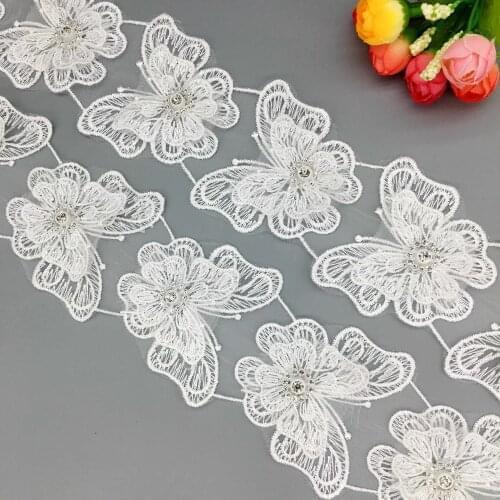 20X White 3D Diamond Butterfly Embroidered Lace Trim Ribbon Double Layered Applique Handmade Wedding Dress DIY Sewing Craft