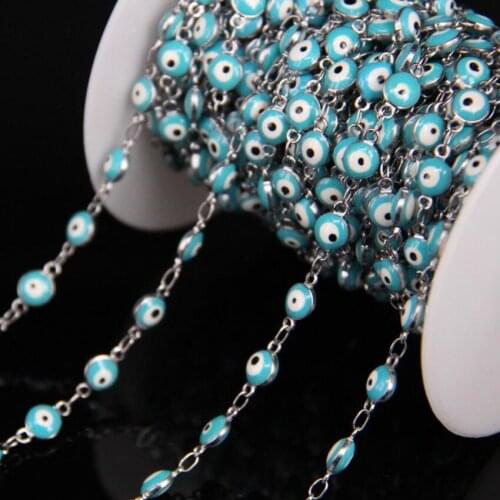 6mm Copper Plated Silver Rosary Chain Sky Blue Eye Lampwork Beaded,Glass Flat Coin Beads Chain,Bracelet Necklace Earrings Crafts