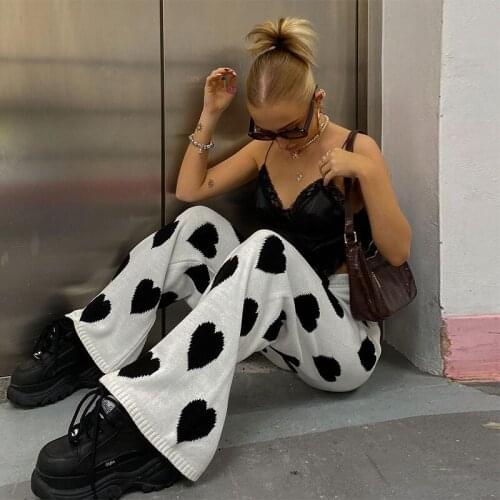 Harajuku Black Heart Knit Oversize Wide Leg Pants Women Fashion High Waist Baggy Y2k Sweatpants White Trousers Capri Streetwear